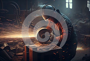 Heavy Industry Engineering Factory Interior with Industrial Worker Using Angle Grinder and Cutting a Metal Tube