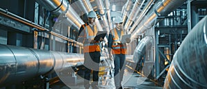 Heavy Industry Engineers Walking Inside Pipe, Using Laptop, Discussing, Checking Welding. Oil, Natural Gas and Fuel