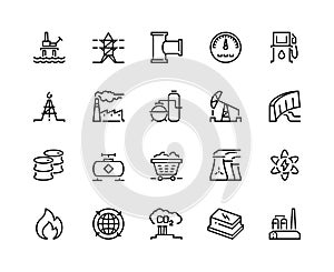 Heavy industry line icons. Oil gas production nuclear electric station fuel refinery barrel. Power storage industrial