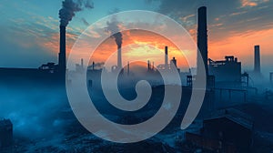 Heavy industry pollution emitting from factory chimney, creating dramatic atmosphere photo