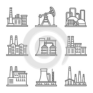 Heavy industry power plant and factory thin line vector icons