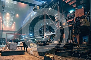 Heavy industry, steel mill foundry industrial metallurgical plant workshop interior, steelmaking manufacturing with many
