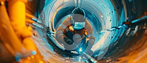 Heavy Industry Worker Wearing Helmet Welding Inside Oil and Gas Pipe. Industrial Manufacturing Factory Welding Natural