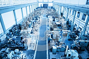 Heavy industry workshop, factory in aerial view.