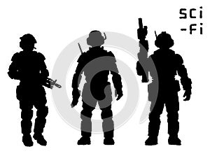 Heavy infantry in armor suit with plasma rifle. Vector illustration