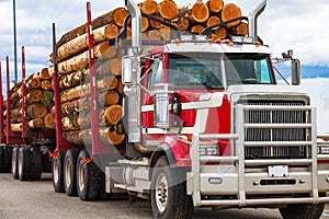 Heavy loaded timber transport truck in Canada