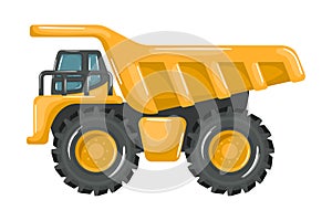 Heavy machinery with cartoon style yellow mining truck on white background