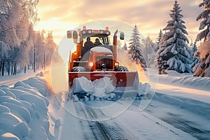 Heavy machinery clears winter road, ensuring safe travel conditions