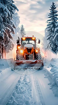 Heavy machinery clears winter road, ensuring safe travel conditions