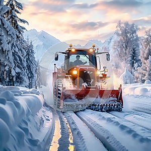 Heavy machinery clears winter road, ensuring safe travel conditions