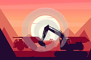 Heavy machinery with crawler loader, mining truck and excavator in a mine with sunset background