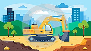 Heavy machinery excavating and clearing the site making way for the foundation work to begin.. Vector illustration.