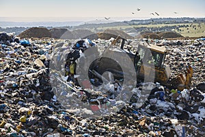 Heavy machinery shredding garbage in an open air landfill. Pollution