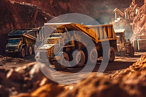 Heavy machinery, such as excavators and dump trucks, operating in a mining pit, highlighting the industrial nature and scale of