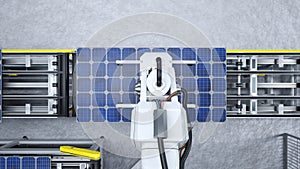 Heavy machinery unit placing PV cells on assembly lines , 3D rendering