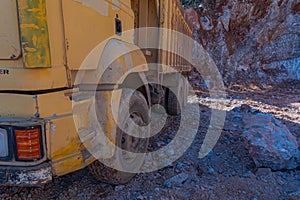 Heavy machinery works at the construction site. Clearing rocky soil for construction in Turkey