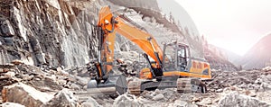 Heavy machinery works with rocks and stones among nature. Equipment diligently carries out tasks among tranquil beauty