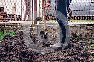 Heavy manual work with a spade and a shovel with wet dirt. The young player takes care of his land and tries to improve its