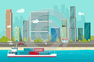 Heavy maritime container ship sailing in ocean or sea port with cargo containers vector, flat carton shipping