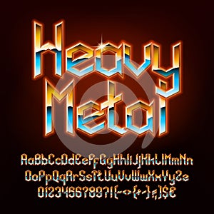Heavy Metal alphabet font. Glowing letters, numbers and punctuations in hard rock style.