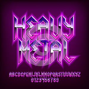 Heavy Metal alphabet font. Glowing letters, numbers and punctuations in heavy metal style.