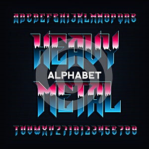 Heavy metal alphabet font. Metal effect beveled letters, numbers and symbols.