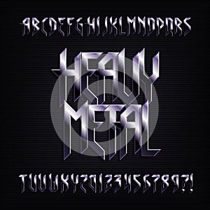 Heavy metal alphabet font. Metal effect shiny letters, numbers and symbols.