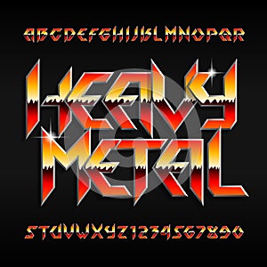 Heavy Metal alphabet font. Shiny letters and numbers in hard rock style.