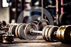 Heavy metal barbell in the gym close-up. The concept of strength exercises. Generative AI