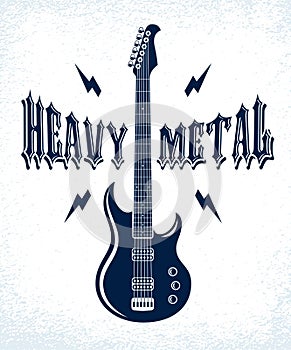 Heavy Metal emblem with electric guitar vector logo, concert festival or night club label, music theme illustration, guitar shop