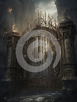 Heavy metal gates encircle a dark and ancient city center. Gothic art. AI generation photo