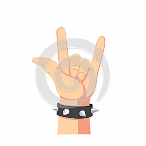 Heavy metal hand symbol, human hand with spike bracelet in cartoon flat illustration isolated in white background