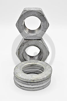 Heavy metal nut washers and tools equipment. Bolt, flanges.