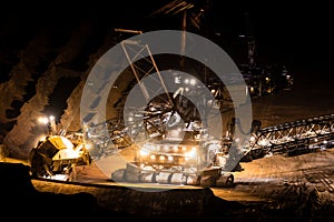 Heavy mining equipment at work in an open-pit mine at dusk