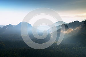 Heavy misty daybreak. Misty daybreak in a beautiful hills. Peaks of hills are sticking out from foggy background.