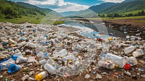 Heavy plastic pollution in wild beautiful landscape