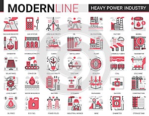 Heavy power industry complex concept flat line icon vector illustration set with metallurgy, chemical plant and factory