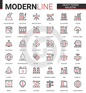 Heavy power industry flat thin red black line icon vector illustration set with metallurgy, chemical plant and factory