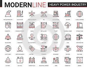 Heavy power industry flat thin red black line icon vector illustration set with metallurgy, chemical plant and factory