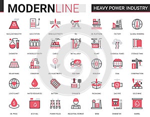 Heavy power industry flat thin red black line icon vector illustration set with metallurgy, chemical plant and factory