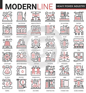 Heavy power industry thin red black line icon vector illustration set with metallurgy, chemical plant and factory