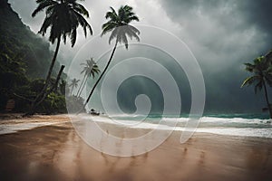 Heavy rain on the beach. Strong storm over the ocean.