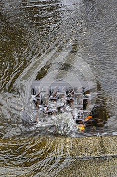 Heavy rain caused flooding in street, water swirling around storm drain