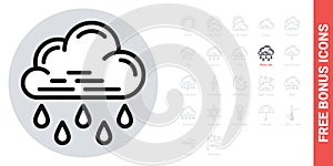 Heavy rain, shower or downpour icon for weather forecast application or widget. Cloud with raindrops. Simple black and