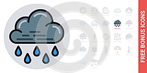 Heavy rain, shower or downpour icon for weather forecast application or widget. Cloud with raindrops. Simple color