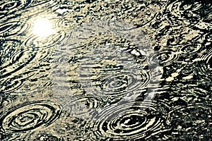 heavy rain water puddles on asphalt circles from drops glare lig