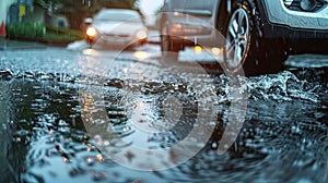 heavy rainfall, cars drown in puddles, flood on the road photo