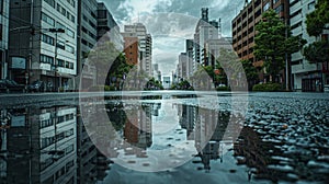 Heavy rains transform the silken roads into reflective pools mirroring the grey sky above. The reflections of the citys photo