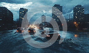 Heavy rainstorm causes urban flooding with cars navigating through waterlogged streets photo