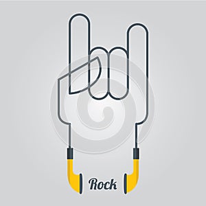 Heavy Rock Hand and Music with Earphones in Flat Design, Vector,